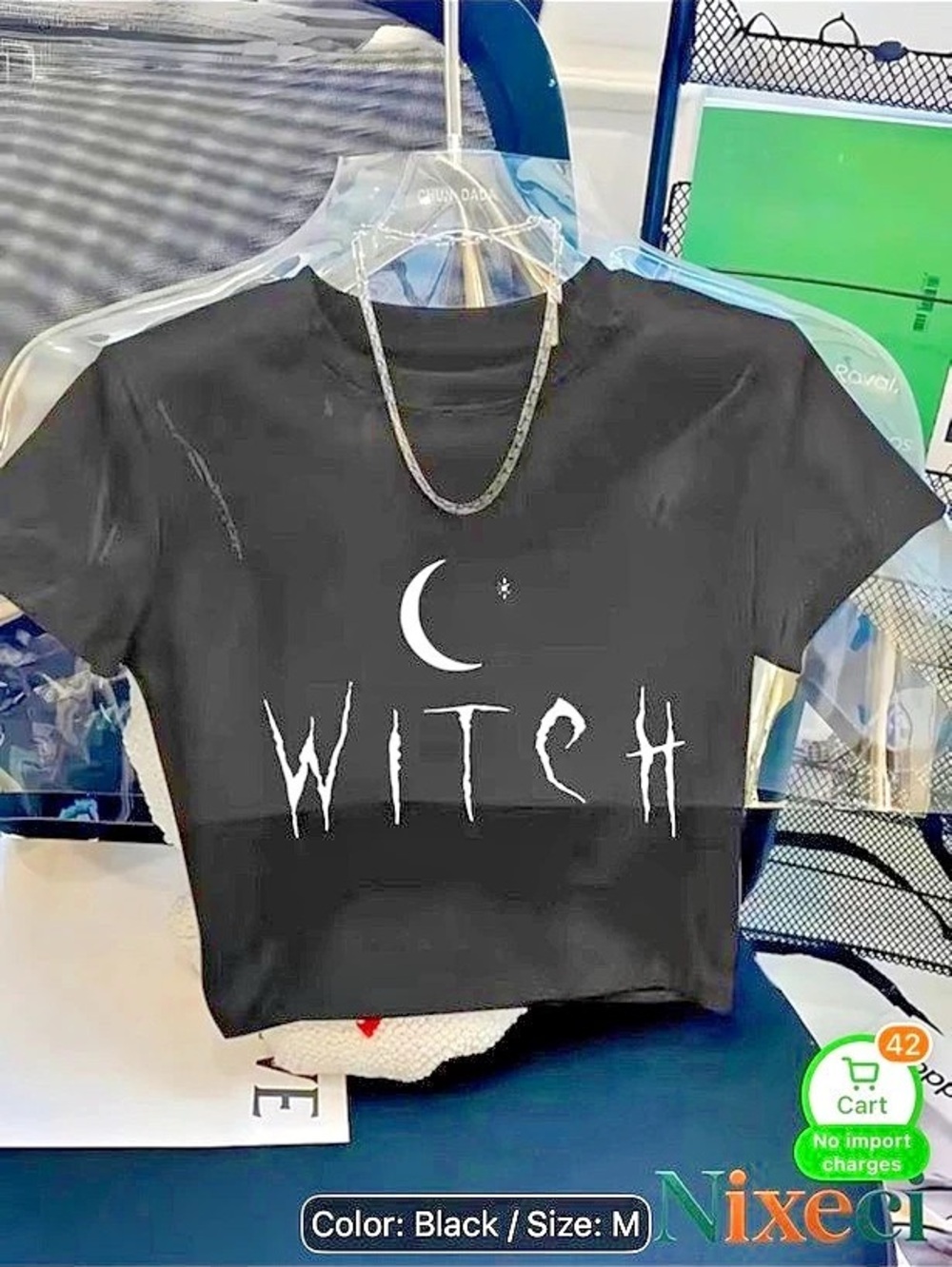 Black Graphic Witch with moon crop top in Size Medium. Tight. Sexy